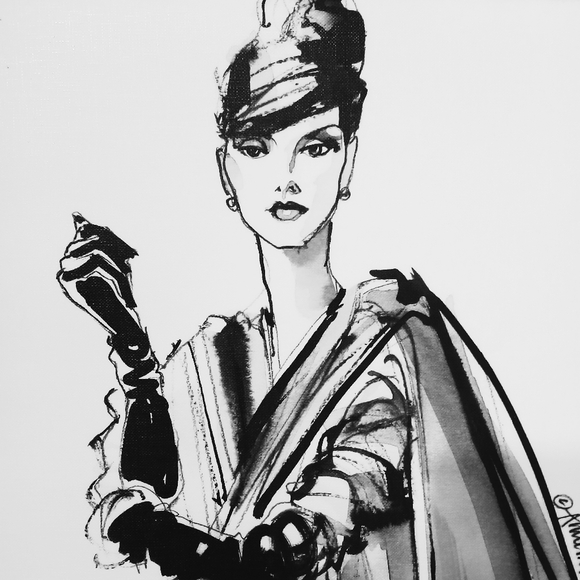 ANNE TAVOLETTI Original Vintage Fashion Sketch Canvas Model In Cape and Gloves - Picture 9 of 12